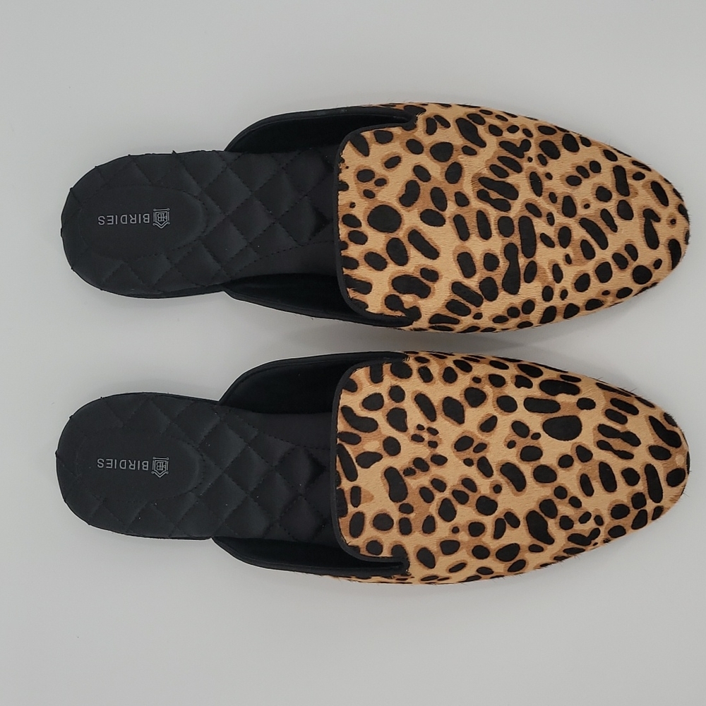 Birdies The Phoebe Loafer Mule Slide Cheetah Print Calf Fur Quilted Lining - Picture 4 of 12